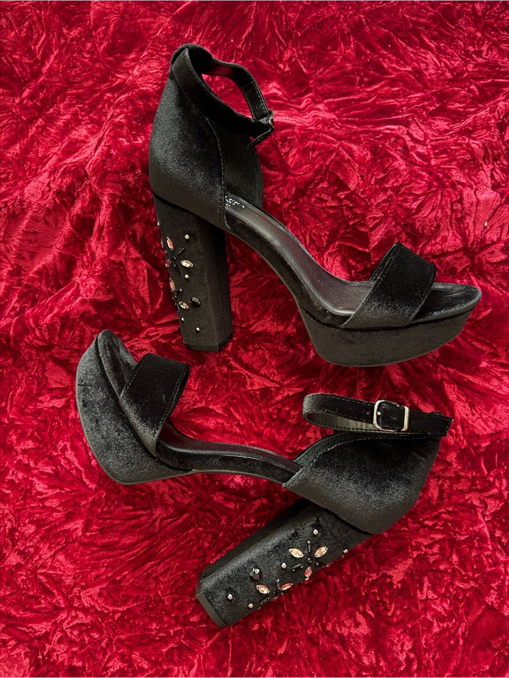 Simply VW Velvet Platform Block Heels with Jewel Accents
